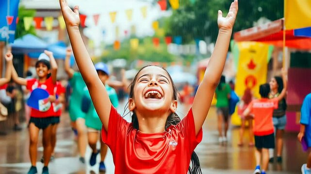 A joyful young girl in a red shirt celebrates with arms raised in a rain-drenched festival setting. Vibrant flags, wet, happy, festive mood.
