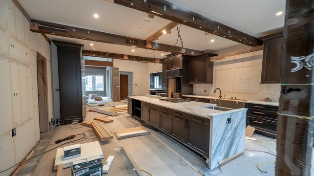 Modern kitchen under construction with unfinished elements and exposed beams