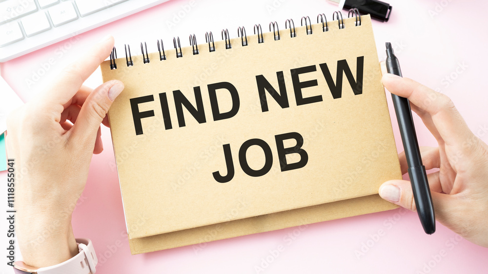 Poster notebook with tools and notes with text find new job
