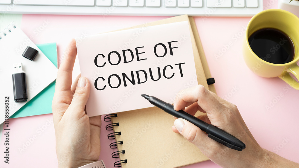 Poster code of conduct text written on notebook page, red pencil on the right. motivational concept image