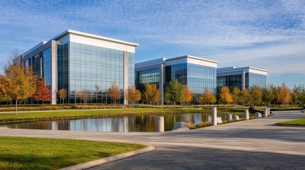 Obraz premium Modern office buildings reflect in a serene pond, surrounded by autumn foliage and clear skies.