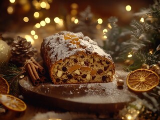 Beautifully crafted Christmas stollen dusted with powdered sugar, sliced to reveal raisins and candied fruits