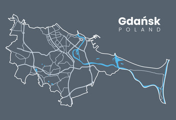Vector Gdansk, Poland map. Urban city map. Poster with streets and Motlawa River. Light stroke version on dark background.