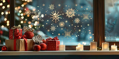 With red and green gifts beneath and a setting of a Christmas starry sky, white snowflake motif stickers over the glass offer a festive ambiance a lovely snowy night scene and space, Generative AI.