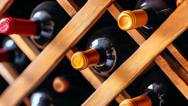 Elegant wine bottles displayed in a wooden rack, showcasing colors and varieties in a cozy wine cellar setting