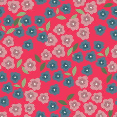 Vector seamless pattern. Pretty pattern in small flowers. Small pink, white and yellow flowers. Dark blue background. Ditsy floral background. Trendy template for fashion prints. Stock vector.