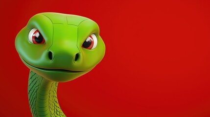 Fototapeta premium A green Chinese snake face looking at the camera on red background