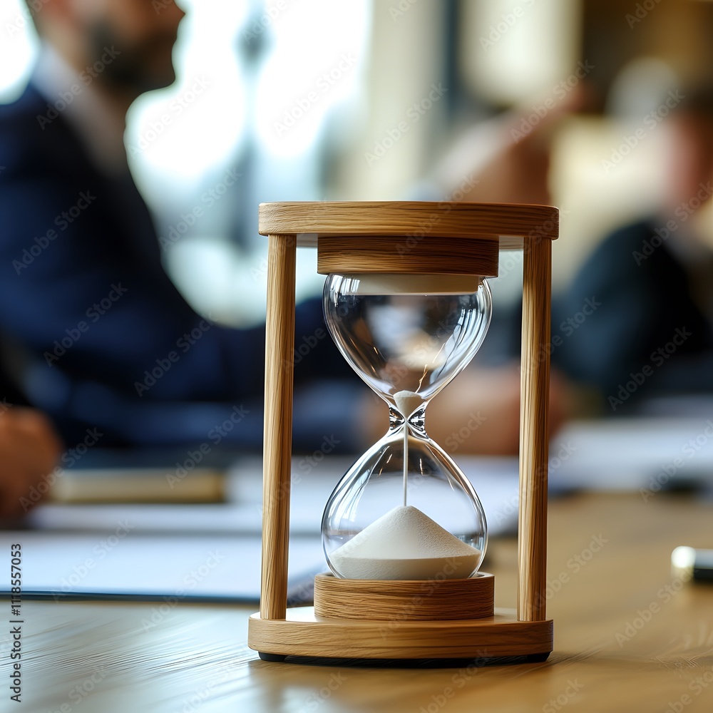 Poster Elegant Hourglass on a Wooden Table with a blurred business meeting in the background, symbolizing the passage of time and its importance in decision-making processes.