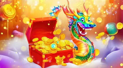 Naklejka premium Chinese dragon sitting on coins with copy space for text