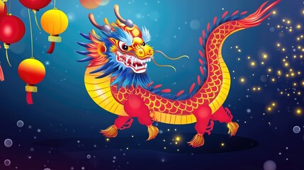 A colorful big dragon on blue background. Chinese New Year 