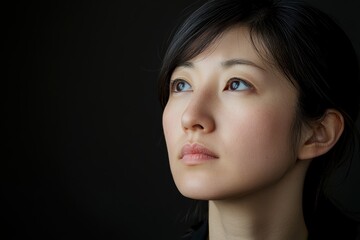 Fototapeta premium 暗い背景の中で未来を見つめる女性のポートレート