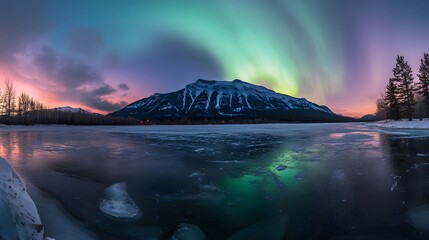 Naklejka premium Panoramic view of the beautiful northern lights over mountain in Iceland, ice on the lake