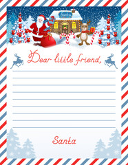 Layout letter from Santa Claus with inscription "Dear little friend" and cartoon funny Santa and fawn deer with gift box against winter forest and house workshop background.