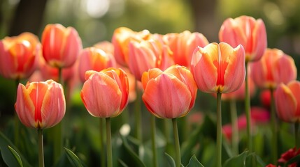 A vibrant display of pink and orange tulips in a garden, showcasing nature's beauty.