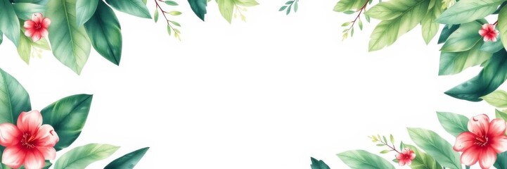 A vibrant floral card featuring watercolor green tropical leaves with ample copy space for text or design elements, plant, card, copy space