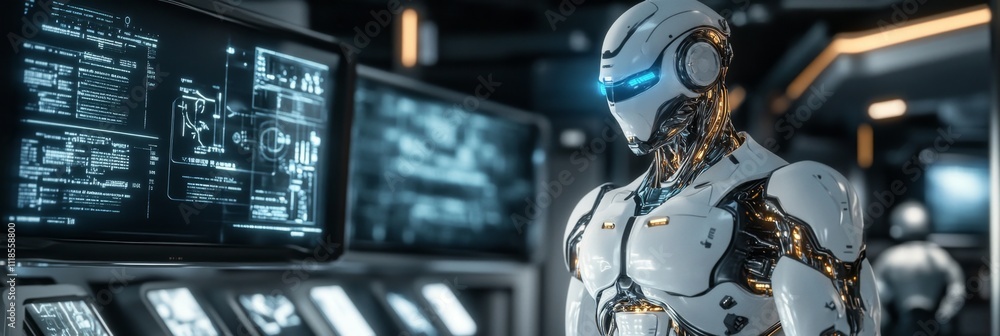 Aufkleber advanced humanoid robot analyzing data in futuristic control room with high-tech screens