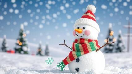 Obraz premium Fluffy snowman in colorful scarf & hat in snowy winter wonderland with trees, landscape, colorful