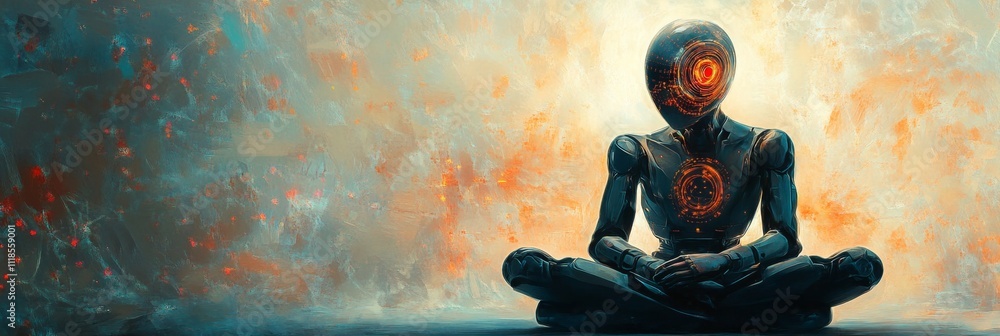 Aufkleber futuristic robot meditating with glowing circuits in abstract setting