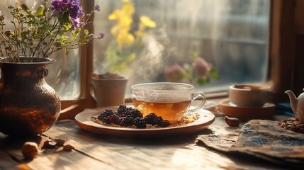 a wholesome breakfast featuring oatmeal with fresh berries, nuts, and a steaming cup of herbal tea. 
