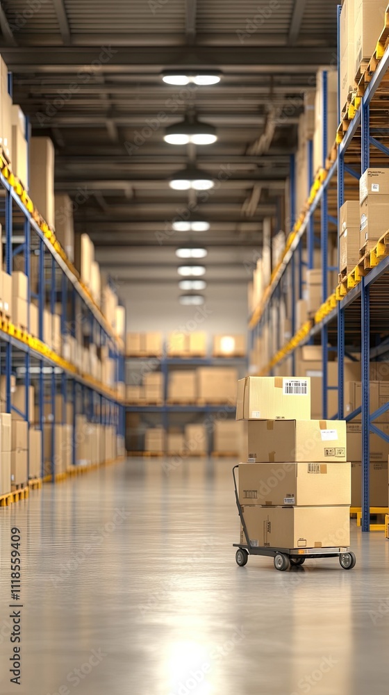 Poster shelves stacked with numerous cardboard boxes fill the warehouse, while a cart is positioned in the 
