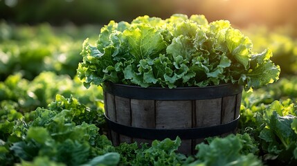 vibrant head of lettuce in a rustic metal bucket, surrounded by a lush green garden