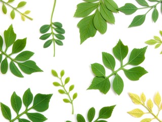 Fototapeta premium Set of cut-out green plant leaves on a white background, perfect for natural and botanical design projects.