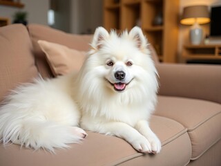 Fluffy samoyed dog lying next to a cozy sofa in a modern apartment, cozy, sofa