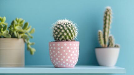 Vibrant Cactus and Succulent Plants in Decorative Pots on Shelf