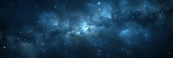 Naklejka premium Vast cosmic landscape filled with stars and nebulae in deep blue tones.