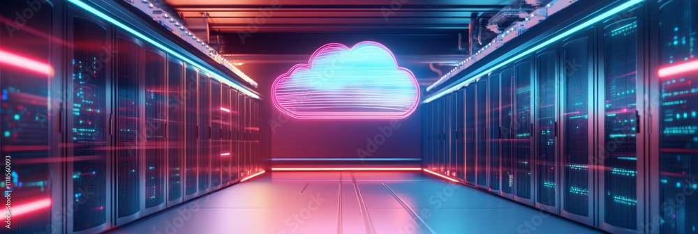 Poster neon-lit data center corridor with glowing cloud symbol in futuristic setting