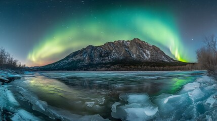 Naklejka premium Panoramic view of the beautiful northern lights over mountain in Iceland, ice on the lake