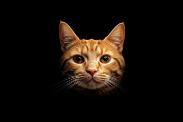 Obraz premium 黒い背景の前にいるオレンジ色の猫の顔のクローズアップ