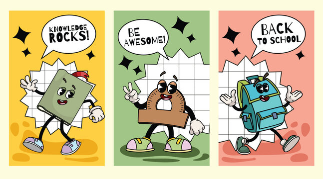 Back to school motivational poster set. Collection of funny groovy retro stationery characters or mascots. Vector illustrations.