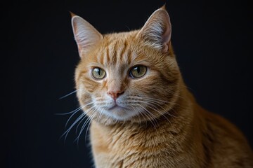 オレンジの猫が暗い背景で落ち着いている様子を捉えた美しい肖像