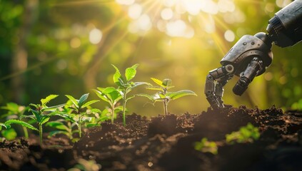 Robotic hand tending to young plants in a field, symbolizing the integration of technology in agriculture for sustainable farming solutions.