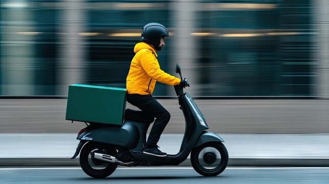 A food delivery rider wearing a yellow jacket and black helmet rides a scooter in front of a modern glass building. The background is blurred, emphasizing the rider's swift movement