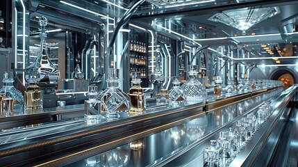 Fototapeta premium A long, modern bar with shelves of bottles and people in white uniforms. Sleek, metallic decor.