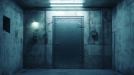 Obraz premium Mysterious Metal Door in a Dark Concrete Corridor