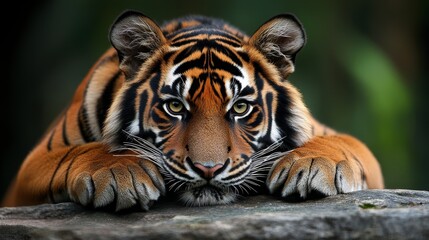 A close-up of a resting tiger, showcasing its striking features and vivid colors.