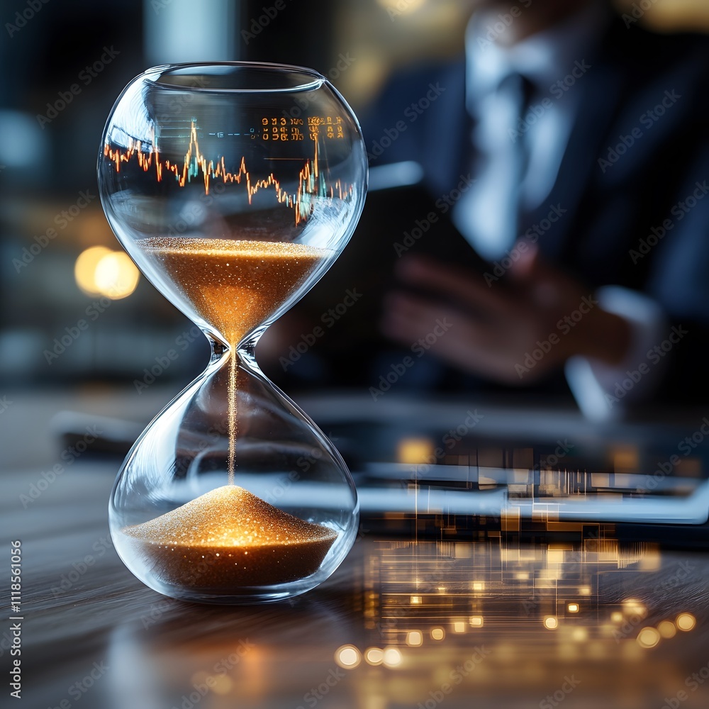 Poster Businessman Using Hourglass with Digital Data Visualization in Modern Office, Symbolizing Time Management and Financial Growth in a Dynamic Workspace