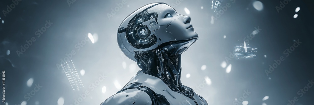 Aufkleber futuristic humanoid robot analyzing digital information with cybernetic interface