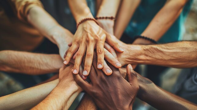 Diverse hands coming together in unity, symbolizing teamwork and collaboration.