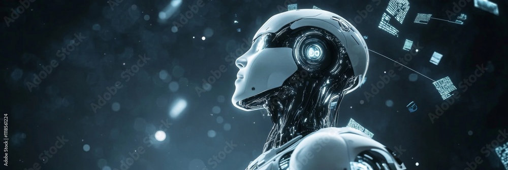 Aufkleber futuristic cybernetic android in digital realm with data particles