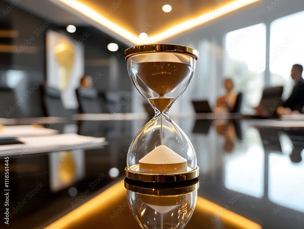 Poster hourglass on conference table symbolizing time management and productivity in a modern office enviro