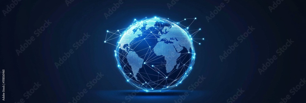 Poster digital global network representation with a blue neon globe and connected lines