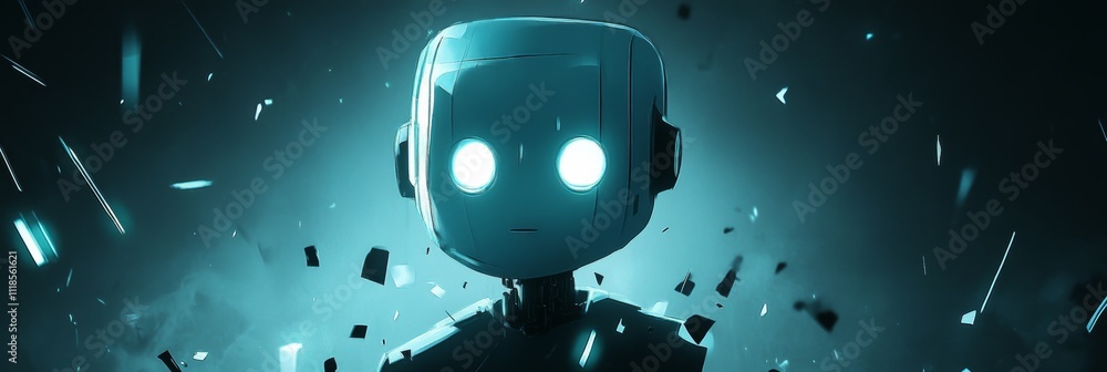 Aufkleber futuristic ai robot with glowing eyes surrounded by floating debris in a dark atmosphere