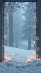 Snowy doorway with glowing lights and winter forest view