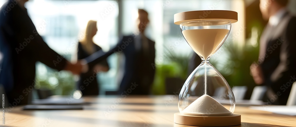 Poster Hourglass on a Conference Table Signifying Time Management and Productivity in a Business Meeting with Professionals in the Background