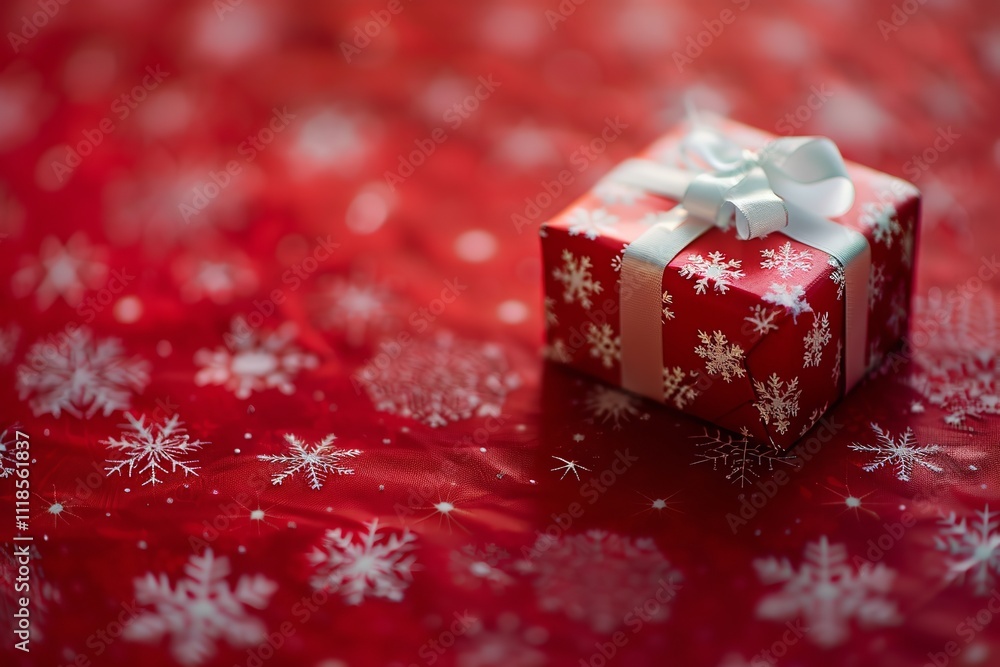 Poster a joyful christmas-themed paper with snowflakes strewn all over and a small gift set over a crimson 