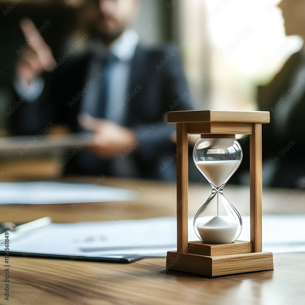Poster Businessman Discusses Time Management Strategies with Hourglass Displaying Concept of Time in Modern Office Setting